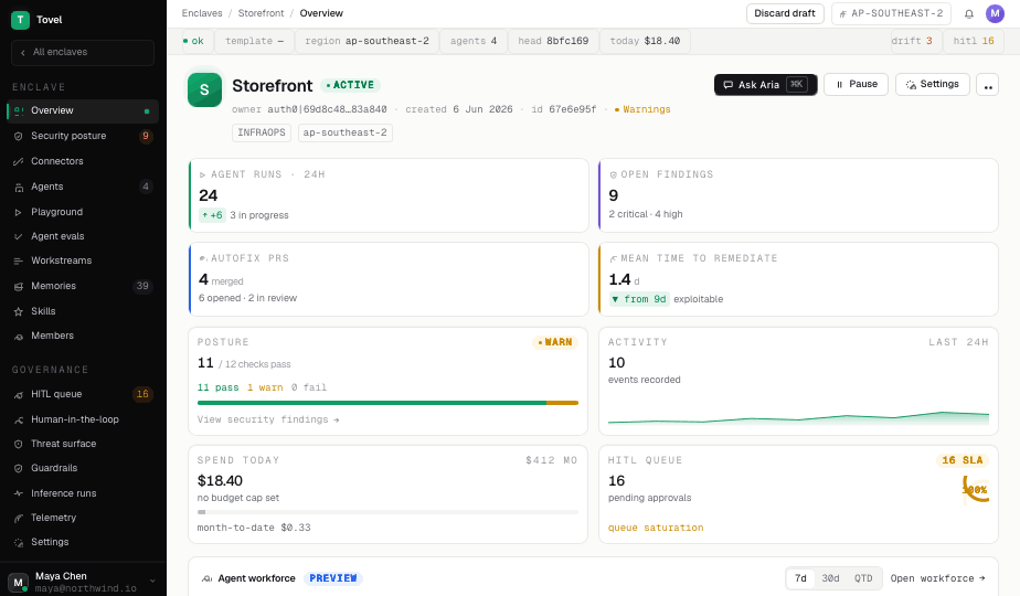 Storefront enclave overview — agent runs, open findings, spend and posture for one application