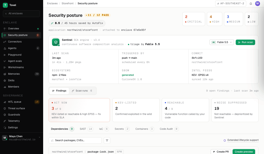 Security posture — 11 of 12 checks passing, findings triaged by AutoFix